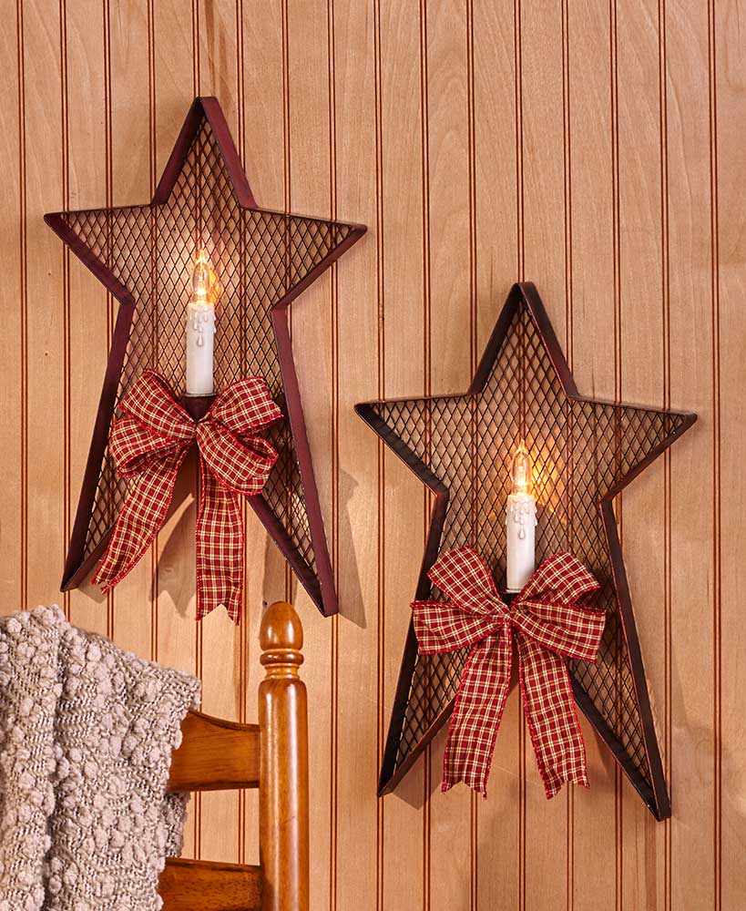 Farmhouse Decor Country Star Shaped Candle Wall Sconce With Plaid Bow