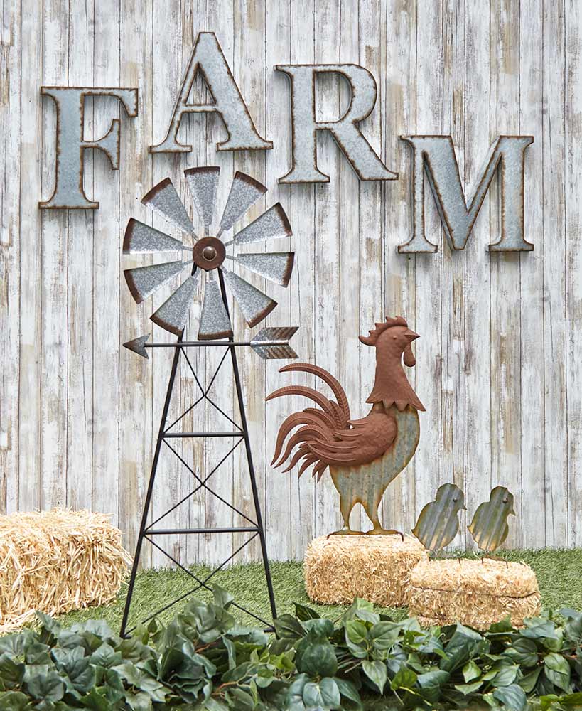 Farmhouse Decor Galvanized Metal Garden Accents With Windmill And Rooster