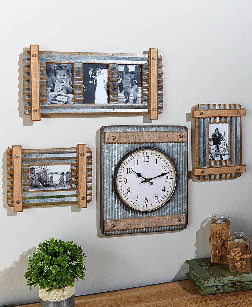 Industrial Farmhouse Decor Metal And Wood Picture Frames And Clock