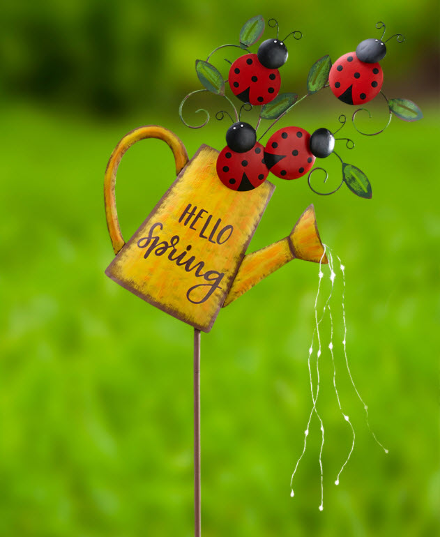 Solar Hello Spring Watering Can Ladybug Stakes
